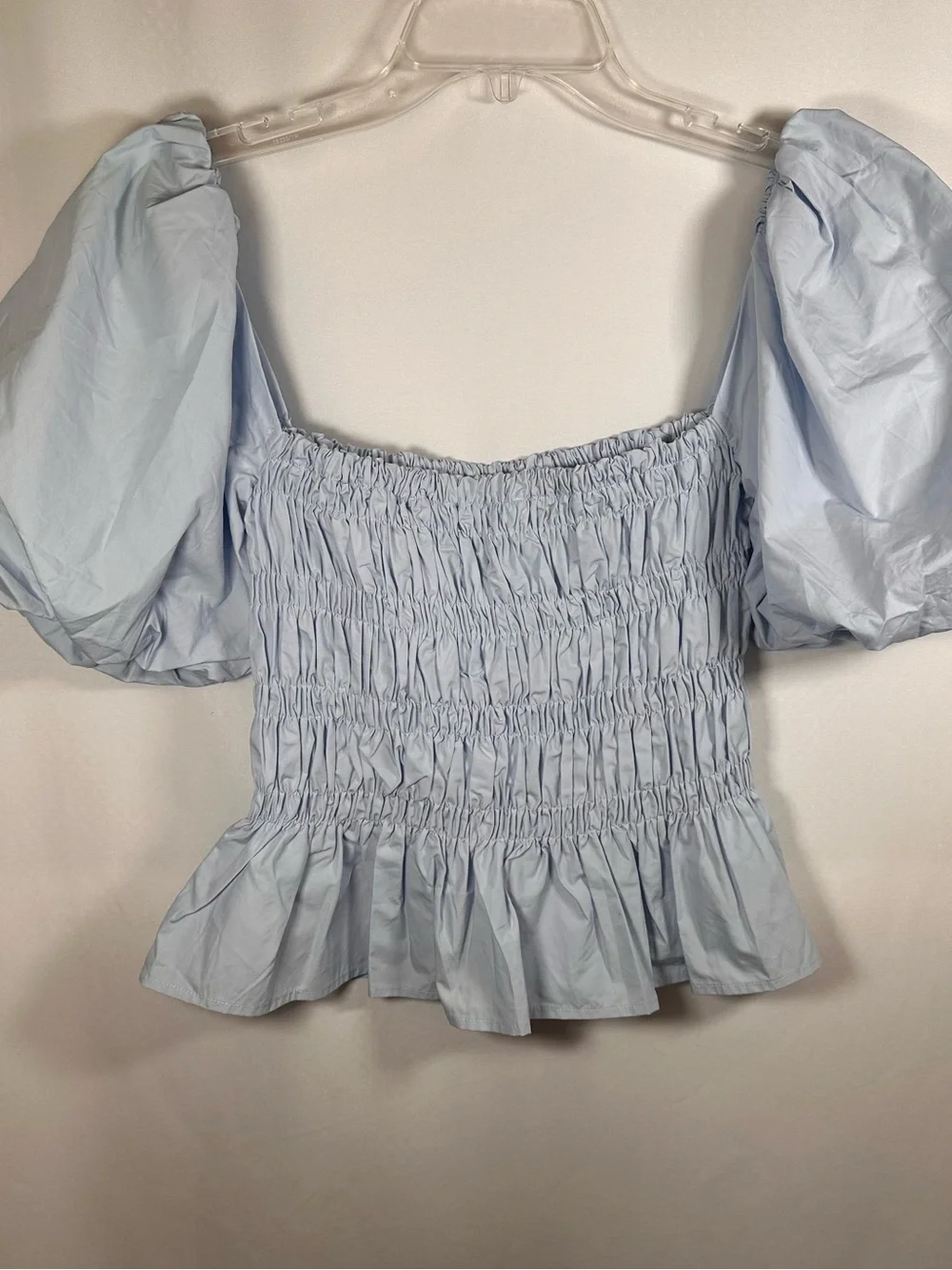 ASTR The Label Light Blue Smocked Puff Sleeve Peplum Top S